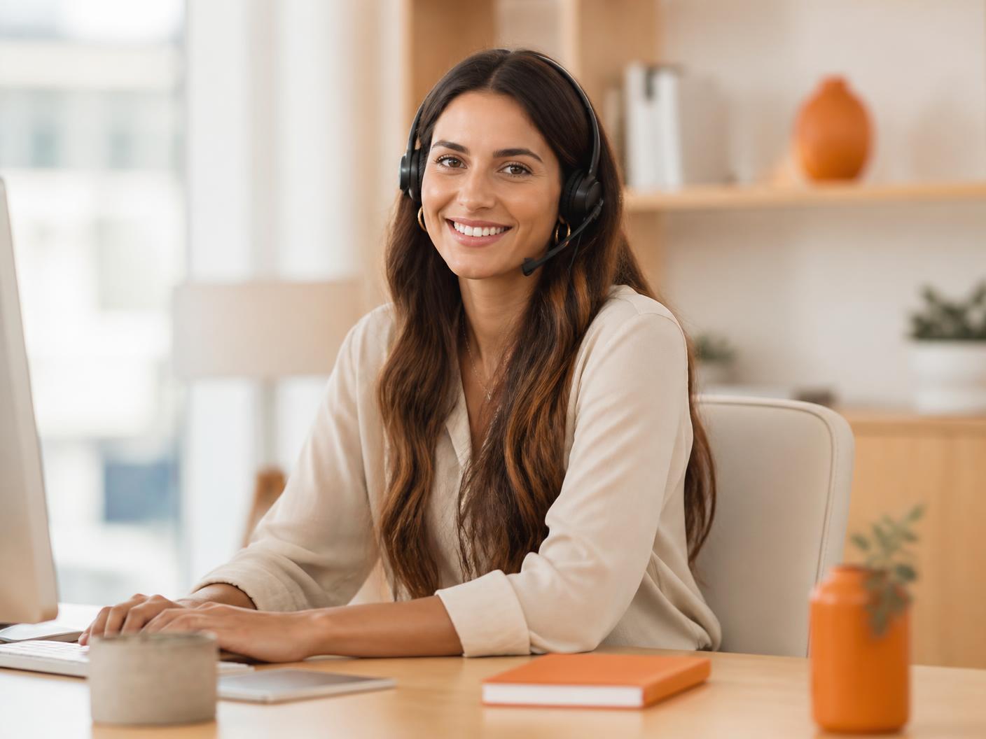 Support agent taking a customer call at a bright desk